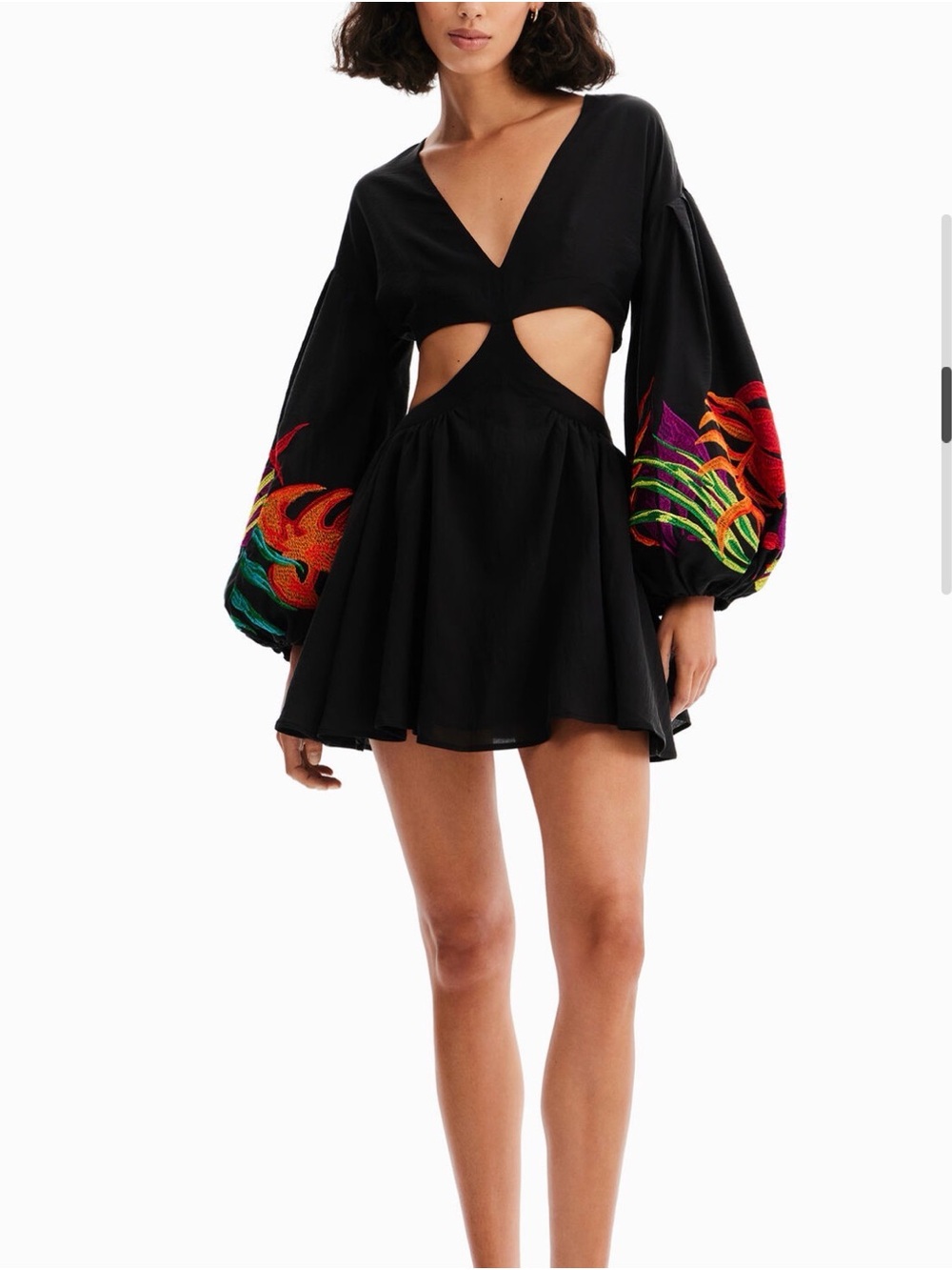 Desigual Black Mini Dress with Multicolor Flame Embroidery